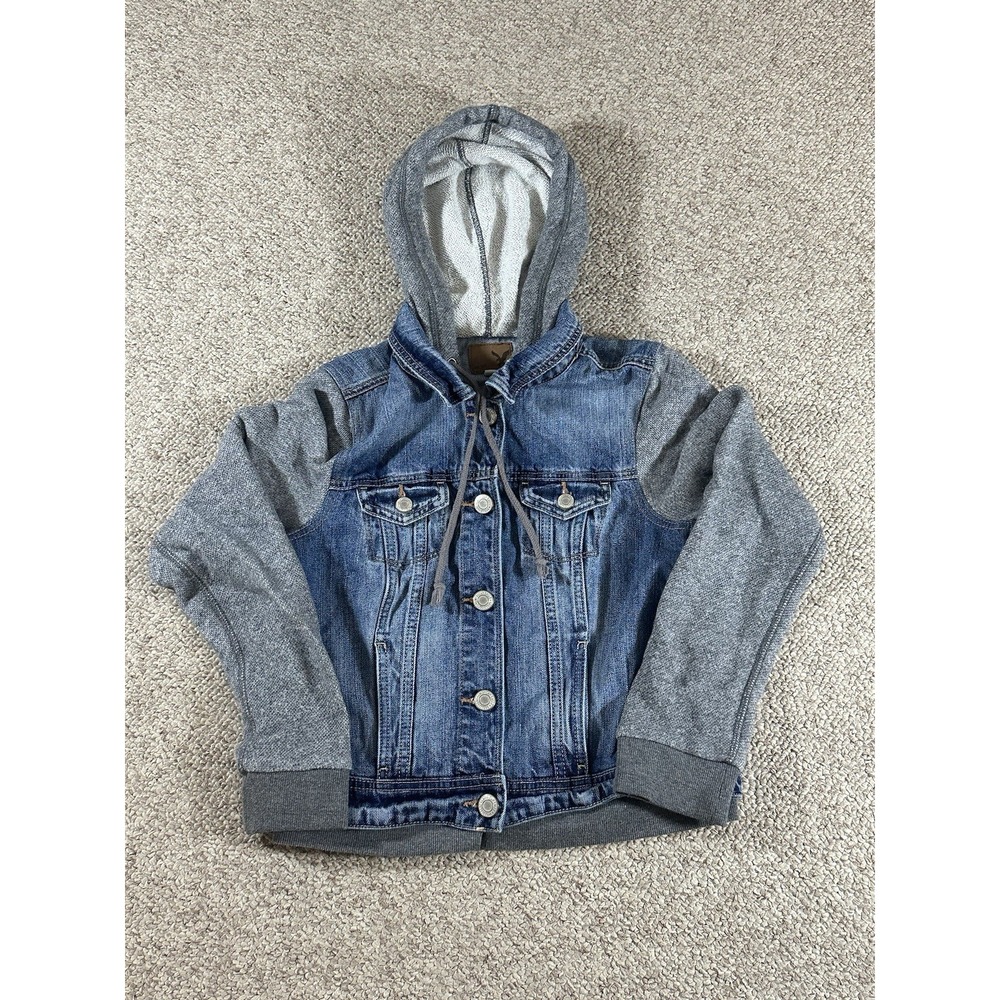 American Eagle Hooded Jacket Women's Size Medium Button Up Denim Collared Y2K